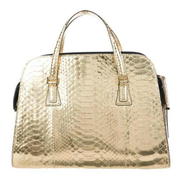Michael Kors Metallic Gold Python Gia /Gold Tone Hardware Dual Flat Handbag - Picture 3 of 8